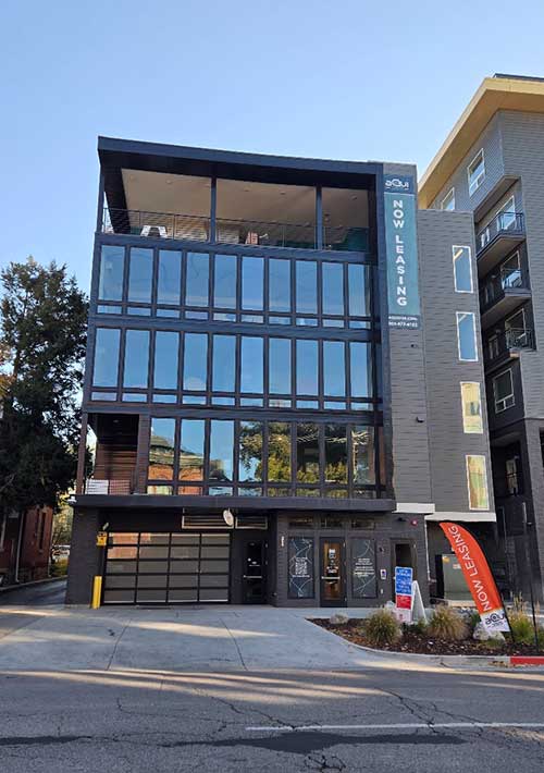 Outside the building of the aQui 355 apartments in Salt Lake City Utah